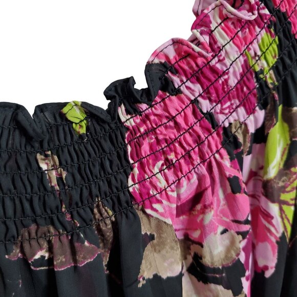 Boston Proper Sz M Dress Floral Chiffon Smocked Neckline Off Shoulder Puff Sleev - Picture 12 of 12